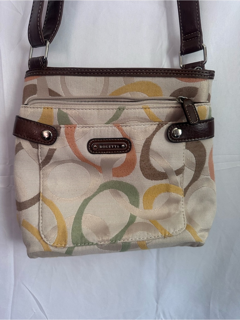 Rossetti Neutral Ring-Print Crossbody Bag with Brown Trim - Picture 3 of 5